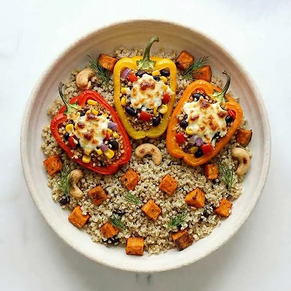 Stuffed Bell Peppers with Quinoa, Corn & Melted Feta